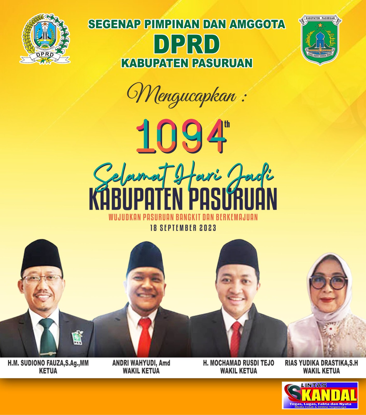 Segenap Pimpinan Dan Anggota DPRD Kabupaten Pasuruan Mengucapkan Selamat Hari Jadi Kabupaten Pasuruan Ke-1094, 18 sebtember 2023