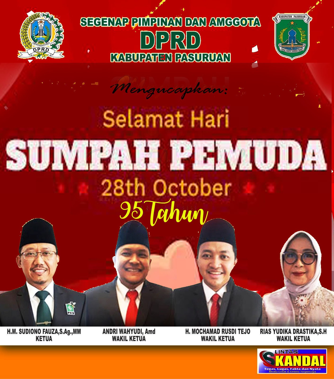 Segenap Pimpinan Dan Anggota DPRD Kabupaten Pasuruan Mengucapkan Selamat Hari  Sumpah Pemuda Ke-95, 28 oktober 2023 Bersama Memajukan Indonesia