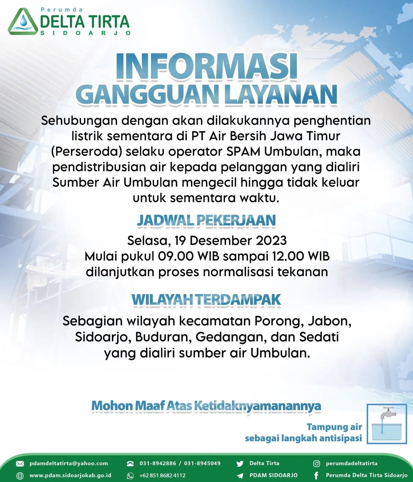 Siap-siap Tampung Air! Aliran PDAM Delta Tirta di Wilayah Ini akan Mengecil Sementara